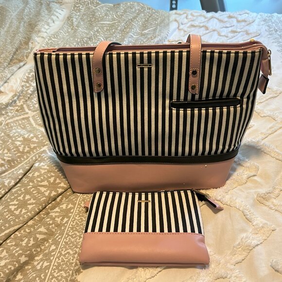 Black/white strip with pink tote bag and matching wristlet - Lovevook - Picture 1 of 4